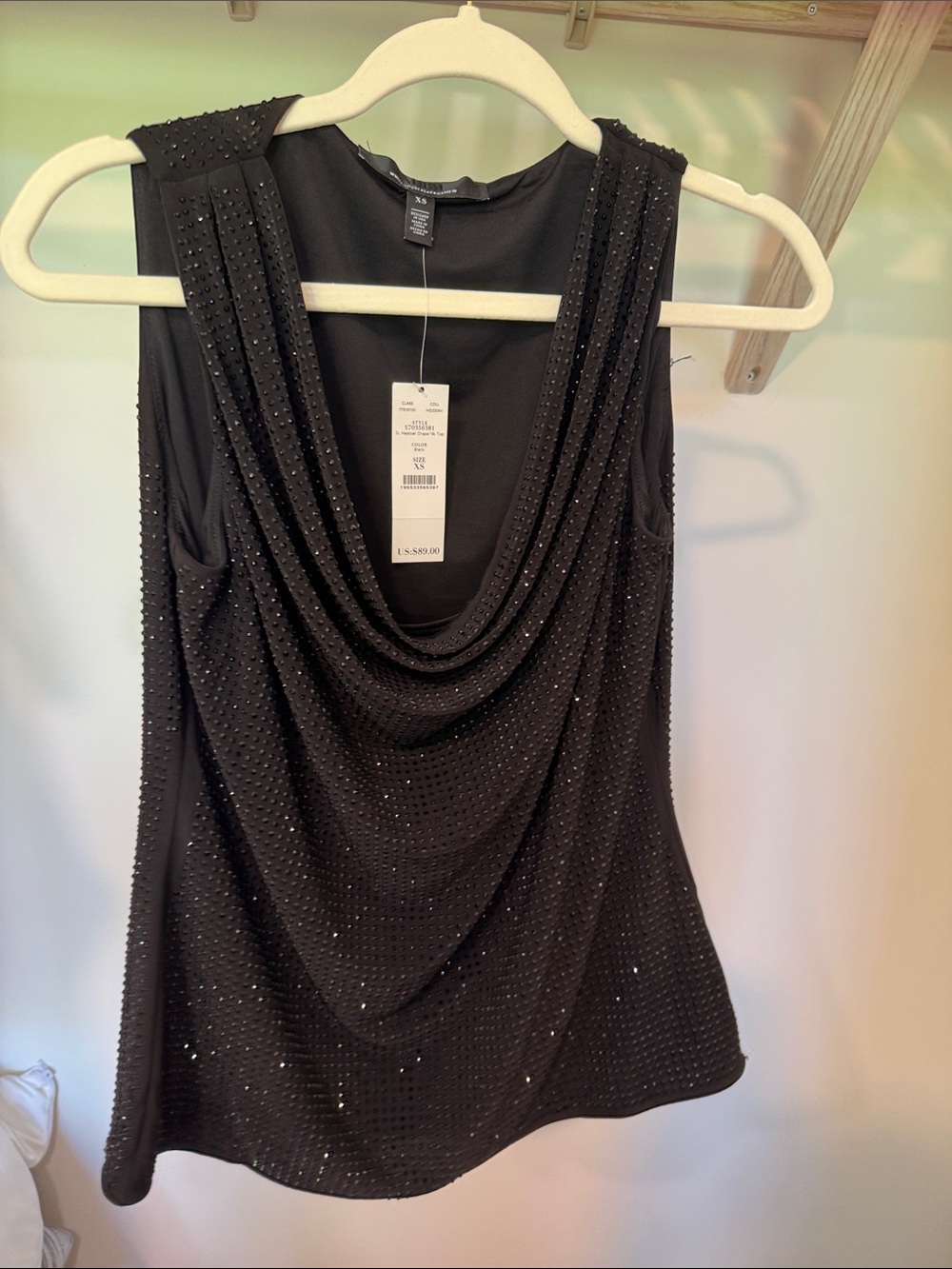 White House Black Market Black Draped Cowl Neck Embellished Tank
